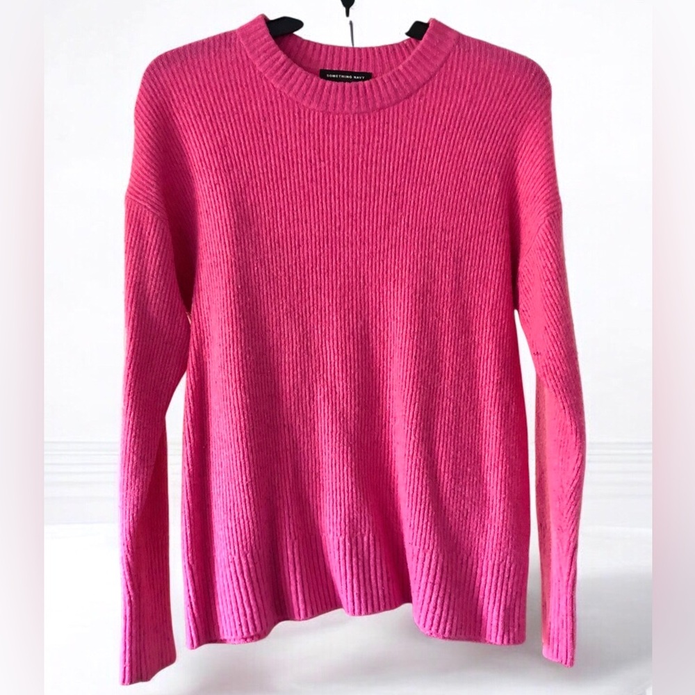 Something Navy Bright Pink Sweater Wool Blend Size Medium